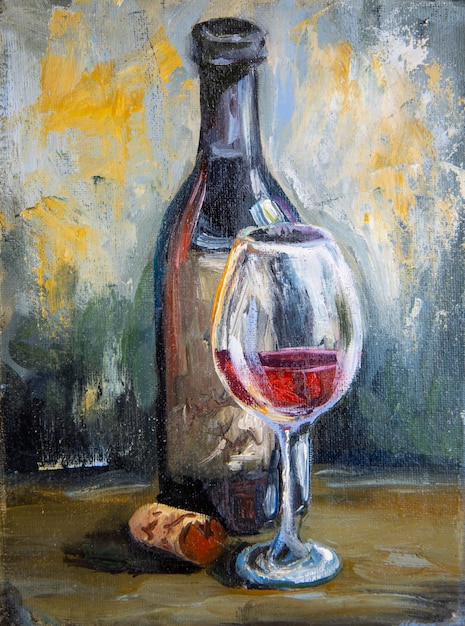 Bottle of wine with a glass Oil painting with brush strokes