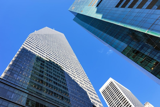 Bottom up view of glass skyscrapers in New York, USA