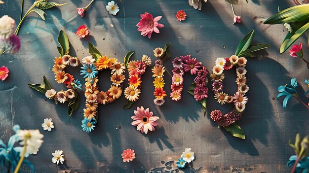 Photo a bouquet of spring flowers with the word spring written on the top of it