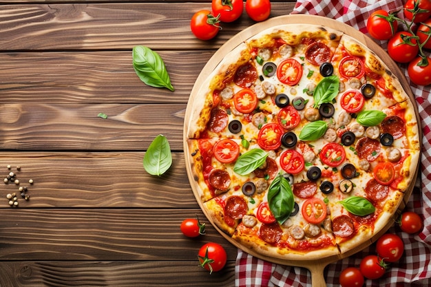 Foto bovenbeeld van een kaasige tomatenpizza met olijven en worstjes in een pan op een bruin bureau