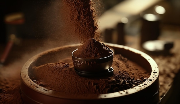 A bowl of cocoa powder is being poured into it.