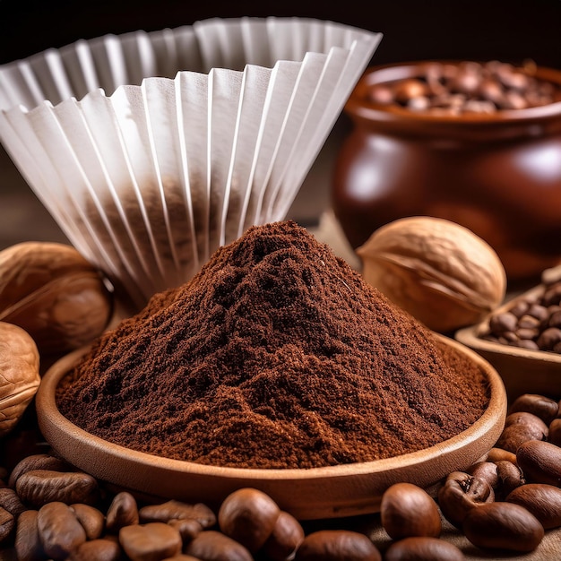 Photo a bowl of coffee beans and a bowl of coffee and coffee beans