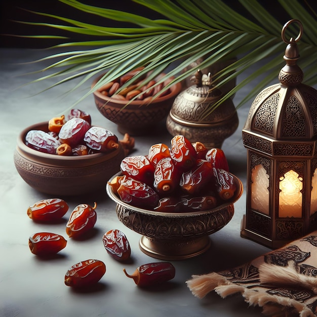 A bowl of dates and dates on a table