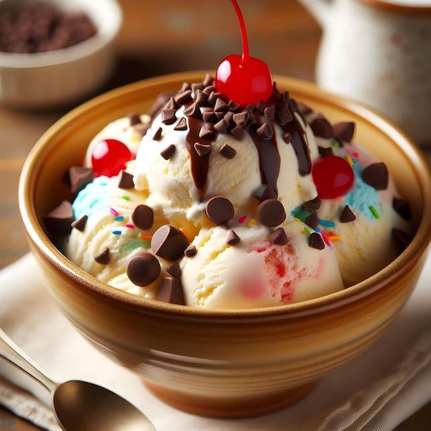 Photo a bowl of slightly melted ice cream on a table