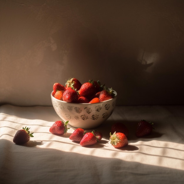 A bowl of strawberries on a table with a white cloth