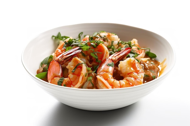 Bowl of tasty shrimp and seafood soup with a sprig of green herbs