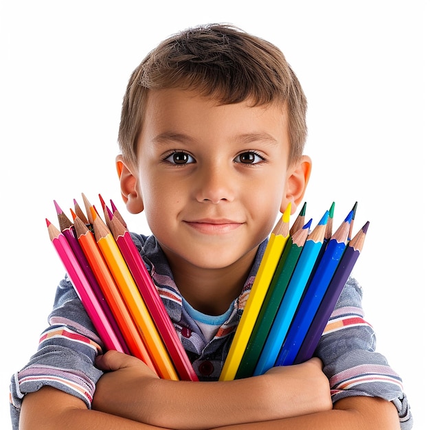 a boy holding a bunch of colored pencils