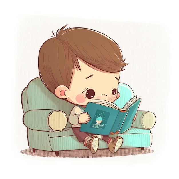 A boy is reading a book in a chair.