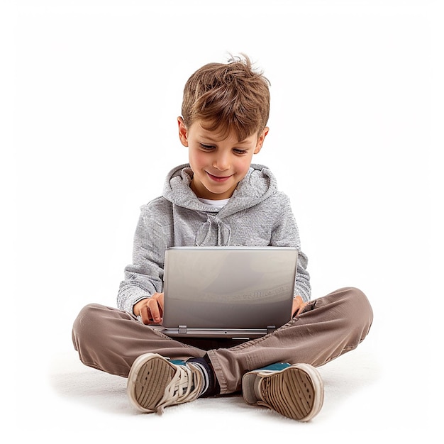 a boy is sitting on the floor with a laptop