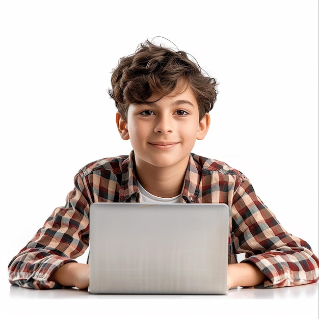 a boy is sitting in front of a laptop that says quot the word quot on it