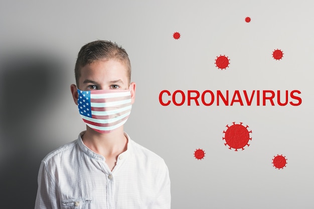 Photo boy in a medical mask with flag of usa on his face on bright background.