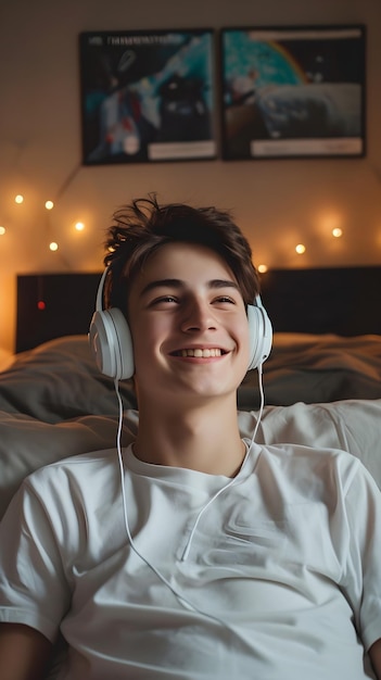 a boy wearing white headphones is smiling and a picture of a smiling man