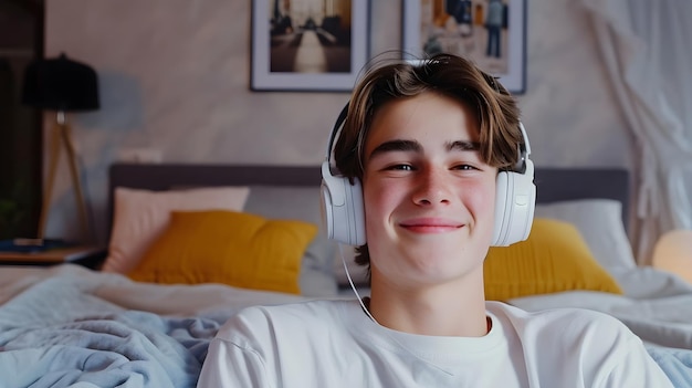 a boy wearing a white shirt with earphones on his ears