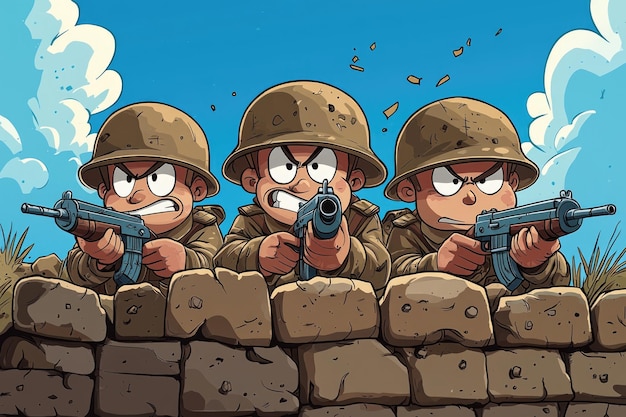 Photo brave cartoon soldiers defending makehift fort from attack with courage and unity