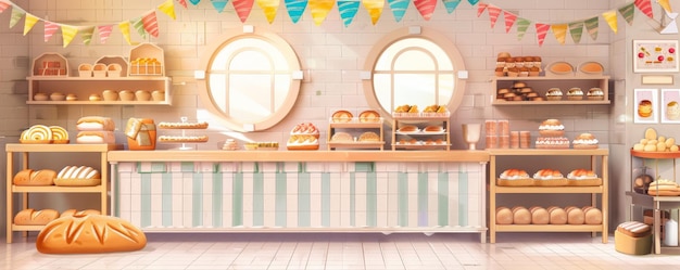 Photo bread bakery background featuring a bright cheerful bakery with bread loaves on shelves colorful