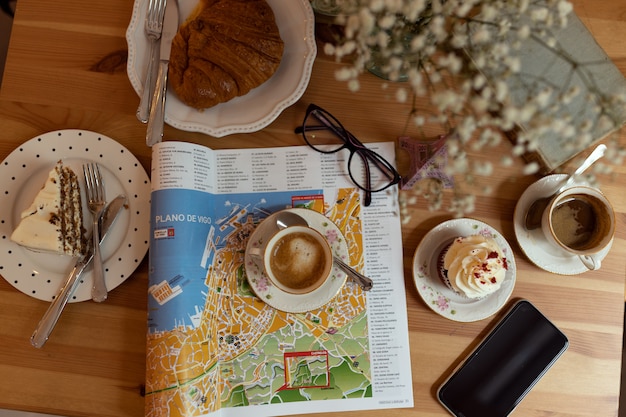 Breakfast table with croissant