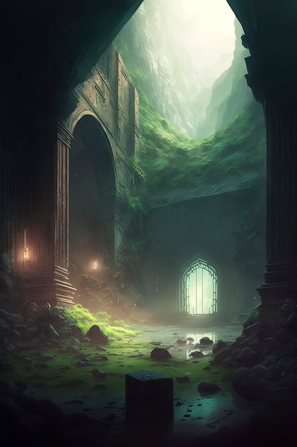 A breathtaking fantasy landscape with dramatic lighting at dawn inviting you to an adventure