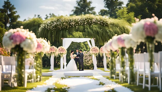 Foto una sposa e uno sposo sono in piedi su una panchina bianca