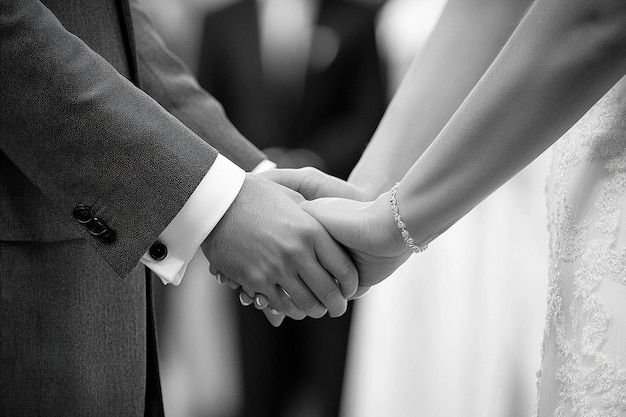 Photo bride and groom hold their hands together during the ceremony