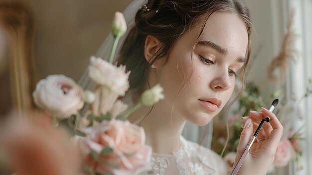 Photo a bride styling and applying makeup