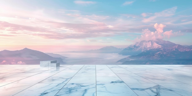 Photo bright morning business concept empty marble floor top with panoramic sky view of mountain under