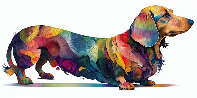 Brightly colored dog with long hair standing on white surface generative ai