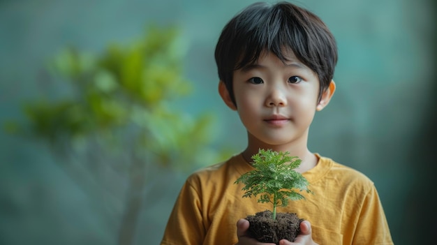 Photo bringing eco lifestyle awareness with reforestation promoting sustainability and greener earth with recycled paper tree asian boy holding recycled paper tree to promote eco lifestyle on reducing