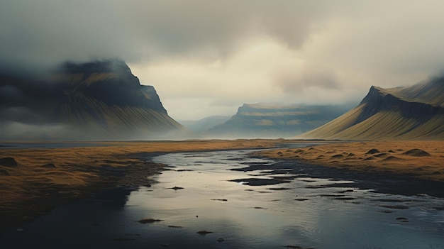 Brooding Mountains Overlooking a Dark Riverbed at Dusk