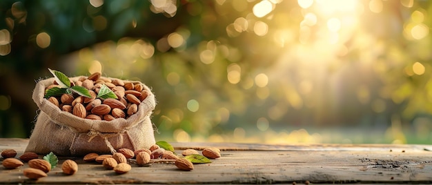 A brown bag filled with almonds on a wooden table with a nature blurry backdrop with space for product or text Generative AI