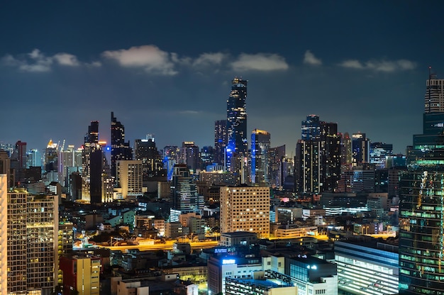 Building cityscape at night in Bangkok city Thailand