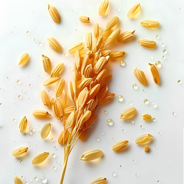 A bunch of sunflower seeds on a white surface with water droplets on it and a single stalk of