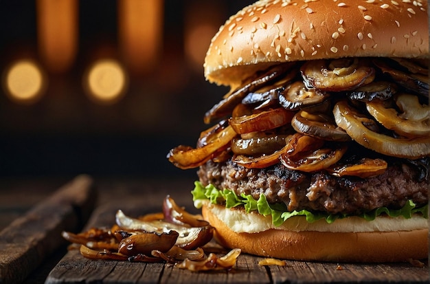 Burger topped with caramelized onions