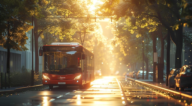 A bus is driving down the street in the evening