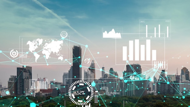 Business data analytic interface fly over smart city showing alteration future