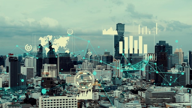 Business data analytic interface fly over smart city showing alteration future