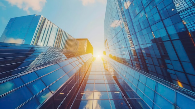 Photo business and financial skyscrapers low angle view with lens flare of modern office buildings in the city center