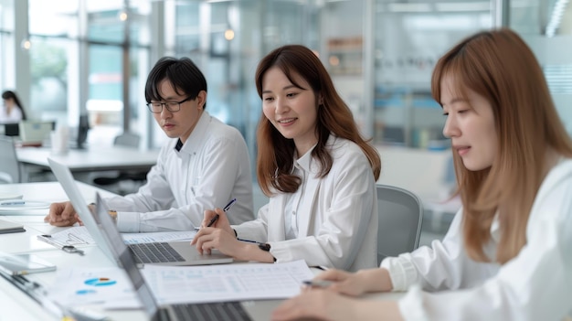 Photo business team meeting laptop brainstorming office collaboration modern workplace teamwork young professionals