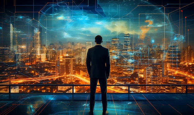 Photo businessman looking at night city with glowing map global business concept