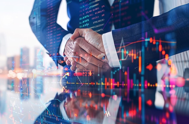 Photo a businessman shaking hands and pointing to a graph chart of the stock market graphic diagram digital technology internet communication teamwork and partnership in the context of business