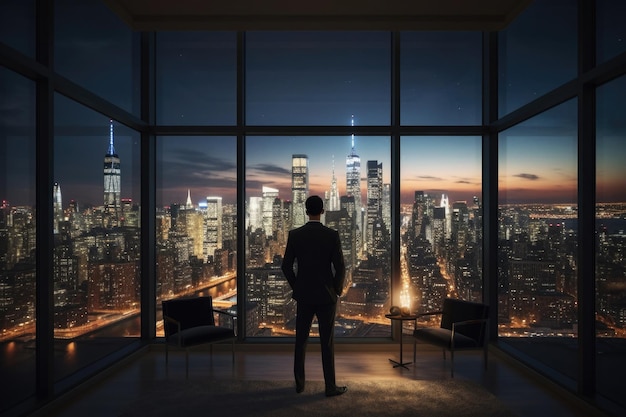 Businessman standing near window with view at night city Generative AI