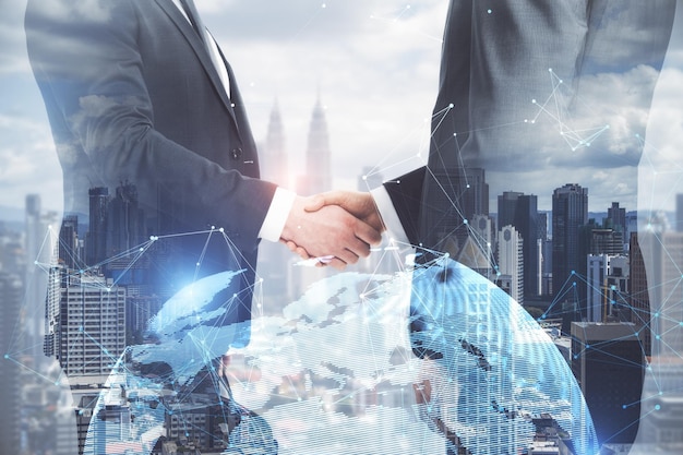 Photo businessmen shaking hands on bright white city background with globe and polygonal connections teamwork and success concept double exposure