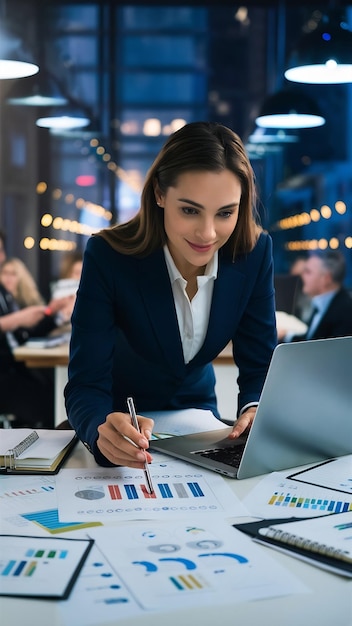 Businesswoman preparing statistics on laptop at office