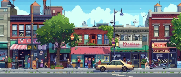 Photo bustling city street in pixel art