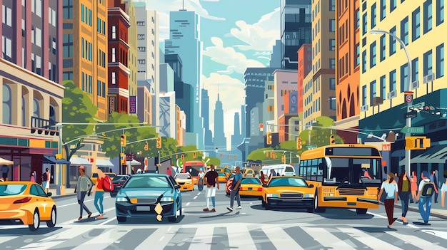 A bustling city street scene in New York City showcasing the vibrant energy of urban life