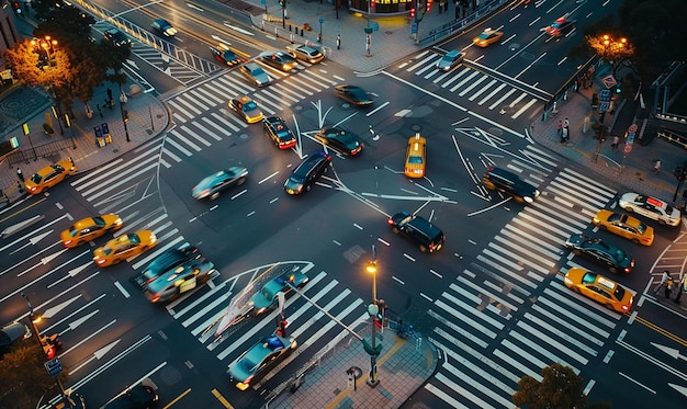 Photo a busy intersection with a crosswalk and a taxi cab