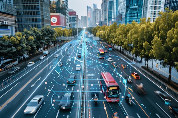 Photo a busy street with a red bus and a sign that says  circle