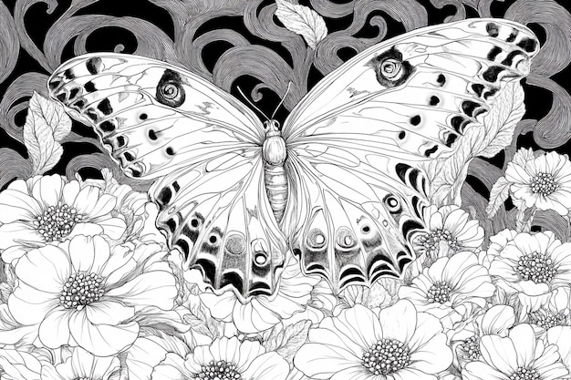 Photo butterfly and floral doodle coloring