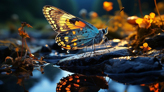 butterfly on a leaf by a clear river at dusk against a mountain backdrop