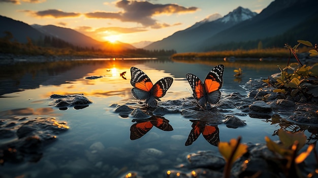 butterfly on a leaf by a clear river at dusk against a mountain backdrop