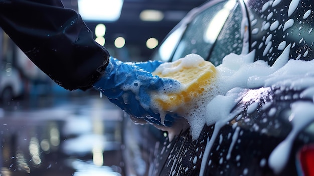 By employing a sponge a car wash employee sterilizes a vehicle and big copy space Generative AI